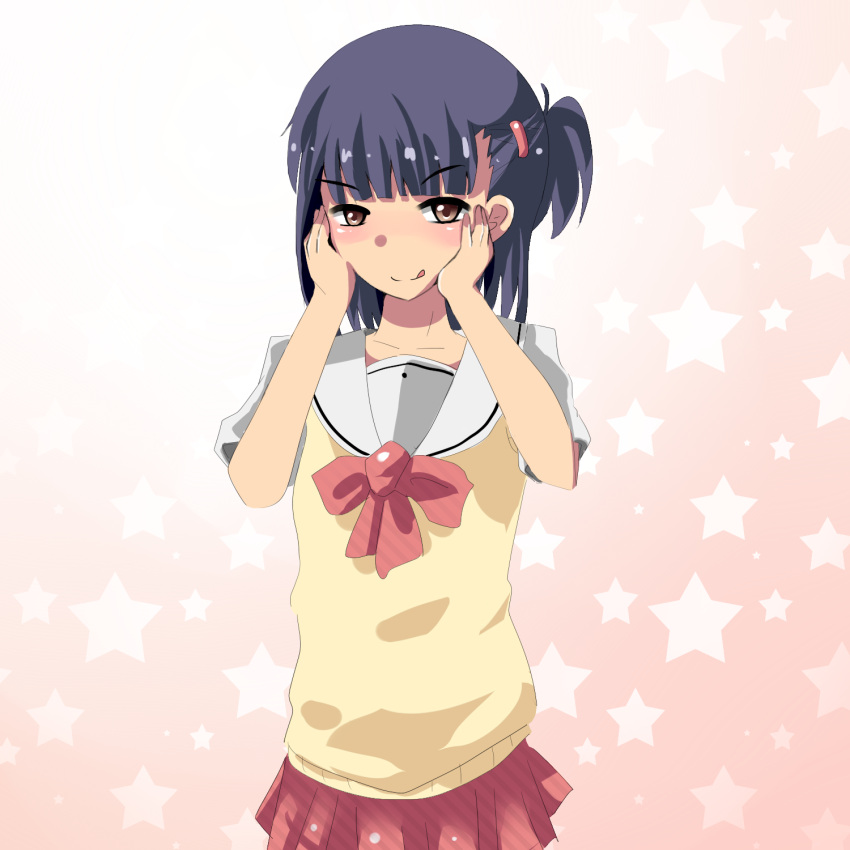 1boy aikawa_kizuna bad_id bad_pixiv_id brown_eyes hair_ornament hairclip half_updo highres male_focus otoko_no_ko pen_(ismr) prunus_girl purple_hair school_uniform short_hair side_ponytail skirt solo star_(symbol) starry_background tongue