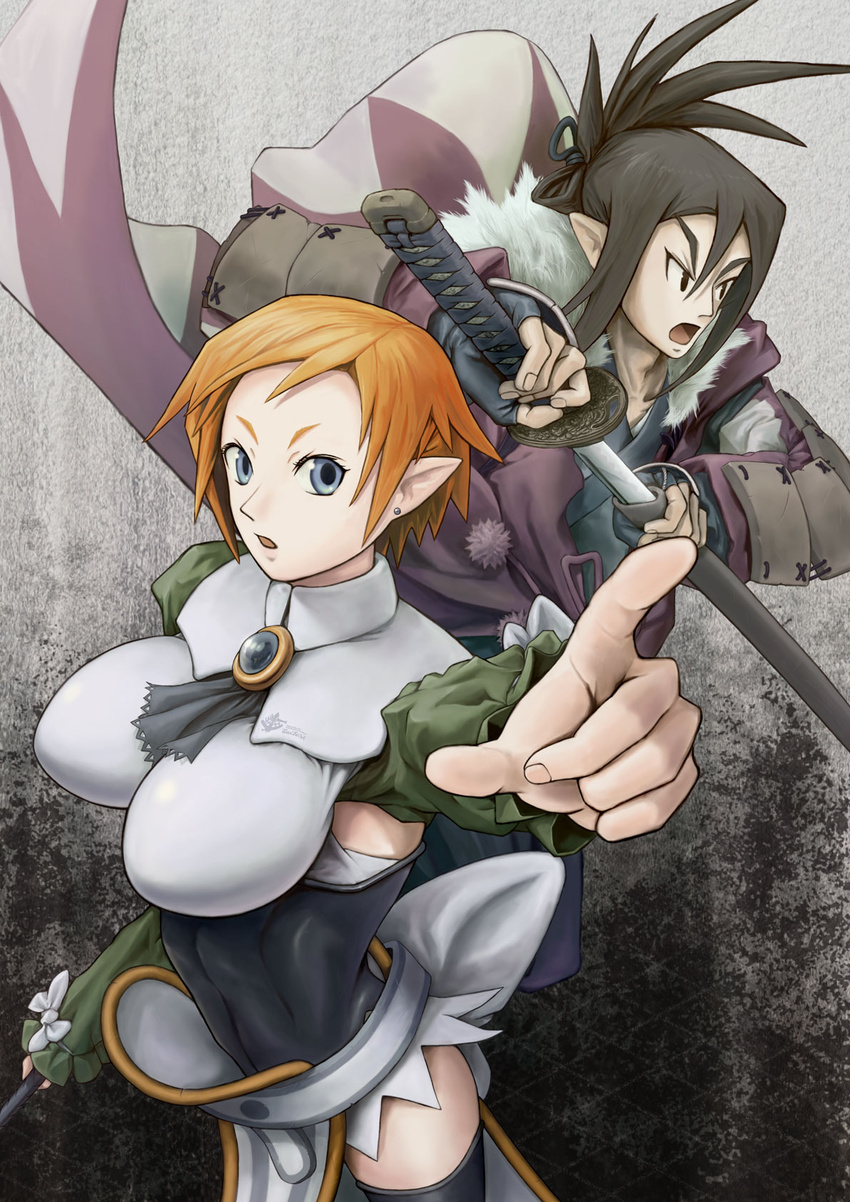 1boy breasts commentary_request disgaea elf female green_shirt highres large_breasts magic_knight_(disgaea) orange_hair pointing pointy_ears samurai_(disgaea) shirt short_hair sword tamazen thighhighs weapon