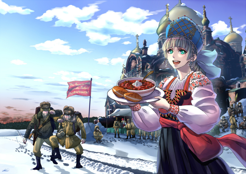 2girls 6+boys :d ak-47 aqua_eyes assault_rifle backpack bag blonde_hair blue_eyes bowl brown_hair church cloud commentary_request cross cyrillic day dome dress eyepatch flag food fur_hat gun hat highres kalashnikov_rifle kokoshnik long_hair military military_uniform mole mole_under_eye multiple_boys multiple_girls open_mouth original outdoors patriotism red_eyes rifle rocket_launcher rpg_(weapon) russia russian_clothes russian_text sarafan short_hair signature sky slavic_clothes smile snow soviet translated uniform ushanka weapon winter zawar379