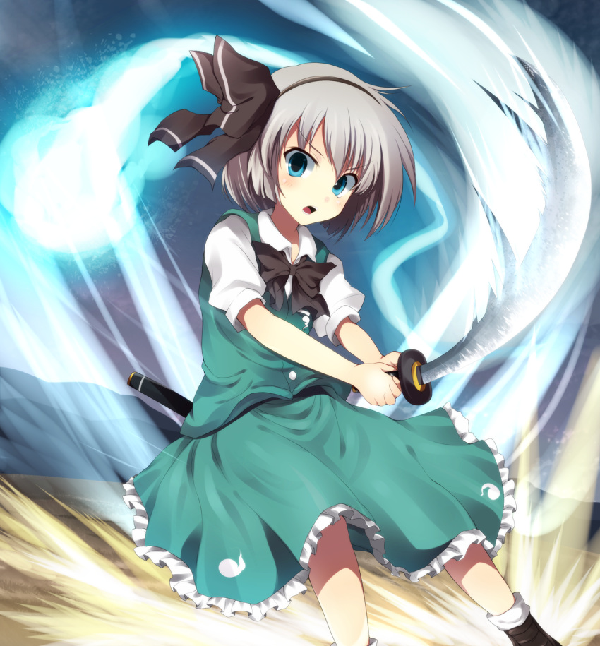 bad_id bad_pixiv_id blue_eyes blush bow bowtie dress_shirt female ghost grey_hair hair_ribbon highres hitodama katana konpaku_youmu konpaku_youmu_(ghost) mizukami_ryouma open_mouth ribbon scabbard sheath shirt short_hair skirt solo sword touhou vest weapon