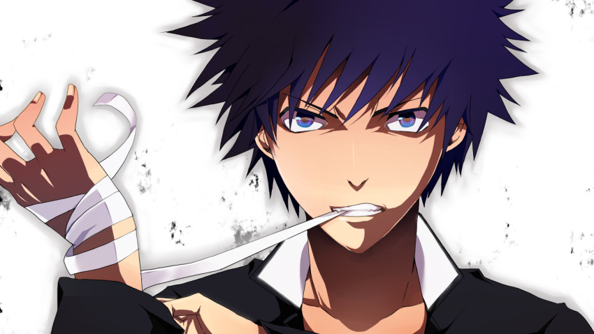 1boy a_certain_high_school_uniform bad_id bad_pixiv_id bandages black_hair blue_eyes gakuran jacket kamijou_touma male_focus school_uniform solo spiked_hair toaru_majutsu_no_index tsunami_(sorudora)