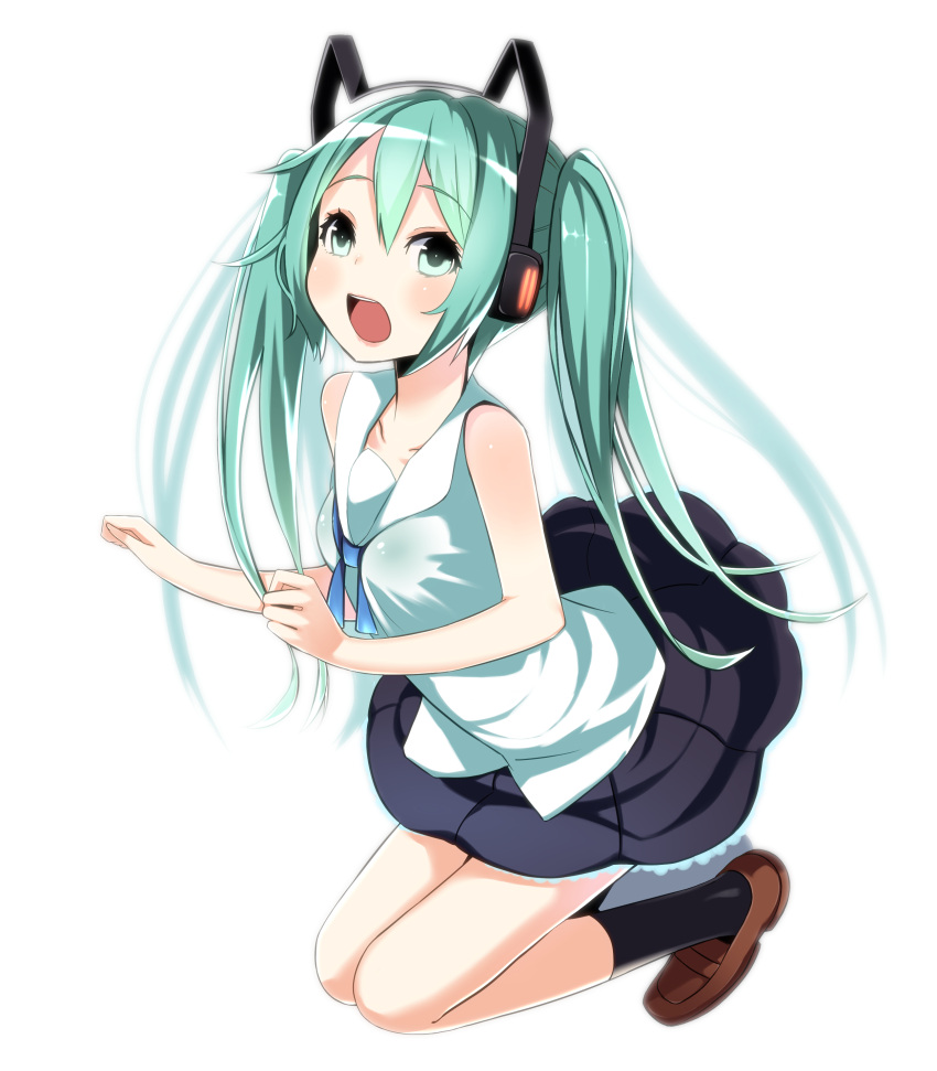 absurdres aqua_eyes aqua_hair bad_id bad_pixiv_id female full_body gradient_hair green_eyes green_hair hatsune_miku headphones highres kneeling lips loafers long_hair multicolored_hair open_mouth pokachu shoes simple_background skirt socks solo twintails very_long_hair vocaloid