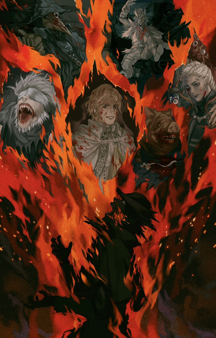 2girls 5boys alfred_(bloodborne) bandages bandages_over_eyes beard blood blood_from_eyes bloodborne braid burning character_request djura eileen_the_crow facial_hair facing_up father_gascoigne fire from_side gloves grin hat highres hunter_(bloodborne) maneater_boar multiple_boys multiple_girls one_eye_closed open_mouth pig_mask screaming sharp_teeth smile teeth tongue torn_clothes torn_hat tricorne upper_body water yujia0412