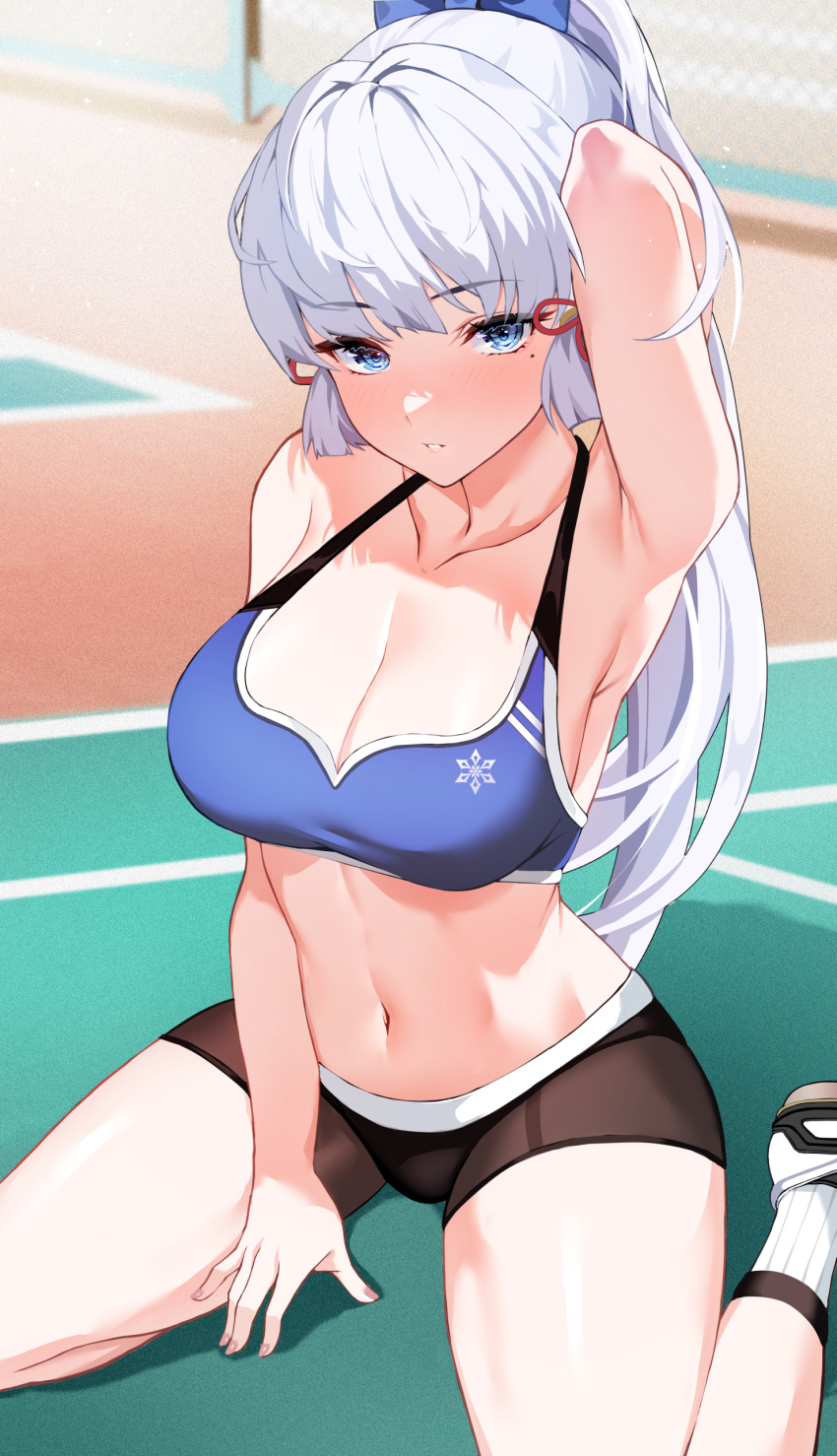 absurdres armpits arms_behind_head bare_shoulders blue_eyes blue_hair blue_sports_bra blunt_bangs blush breasts buruma cleavage collarbone english_commentary female genshin_impact hair_ornament hair_ribbon highres kamisato_ayaka large_breasts lessone light_blue_hair long_hair looking_at_viewer midriff mole mole_under_eye navel outdoors parted_lips ponytail ribbon shoes sidelocks sitting socks solo sports_bra thighs tress_ribbon wariza