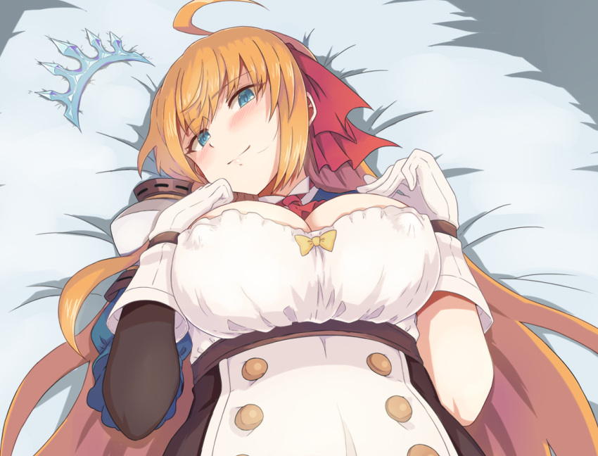 ahoge bed_sheet blue_eyes blush breasts cleavage closed_mouth commentary_request female from_above gloves hands_up ka-9 large_breasts long_hair looking_at_viewer lying on_back orange_hair pecorine_(princess_connect!) princess_connect! smile solo split_mouth tiara tiara_removed upper_body white_gloves