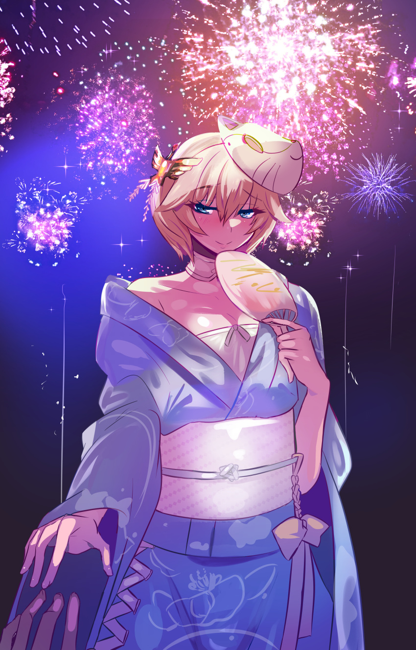 1boy absurdres aerial_fireworks bare_shoulders bird_hair_ornament blonde_hair blue_eyes blue_kimono blush cat_mask closed_mouth collarbone commentary cowboy_shot d_kake2 fireworks hair_between_eyes hair_ornament hand_fan highres holding holding_fan homare_nao japanese_clothes kimono looking_at_viewer male_focus mask mask_on_head night obi off_shoulder otoko_no_ko out_of_frame outdoors pectoral_cleavage pectorals pov pov_hands sash short_hair sidelocks solo_focus standing taimanin_(series) taimanin_rpgx wide_sleeves yukata