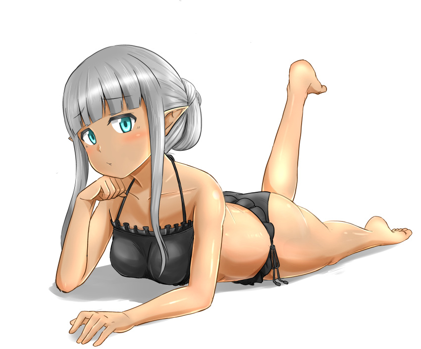 :t absurdres barefoot bikini black_bikini blue_eyes blush breasts closed_mouth collarbone commentary dark-skinned_female dark_skin english_commentary female foot_up foreshortening frilled_bikini frills full_body grey_hair hair_up head_rest highres karla_(kono_healer_mendokusai) kono_healer_mendokusai long_hair looking_at_viewer lying medium_breasts on_stomach pointy_ears pout side-tie_bikini_bottom sidelocks simple_background solo swimsuit tannen_ni_hakkou the_pose white_background