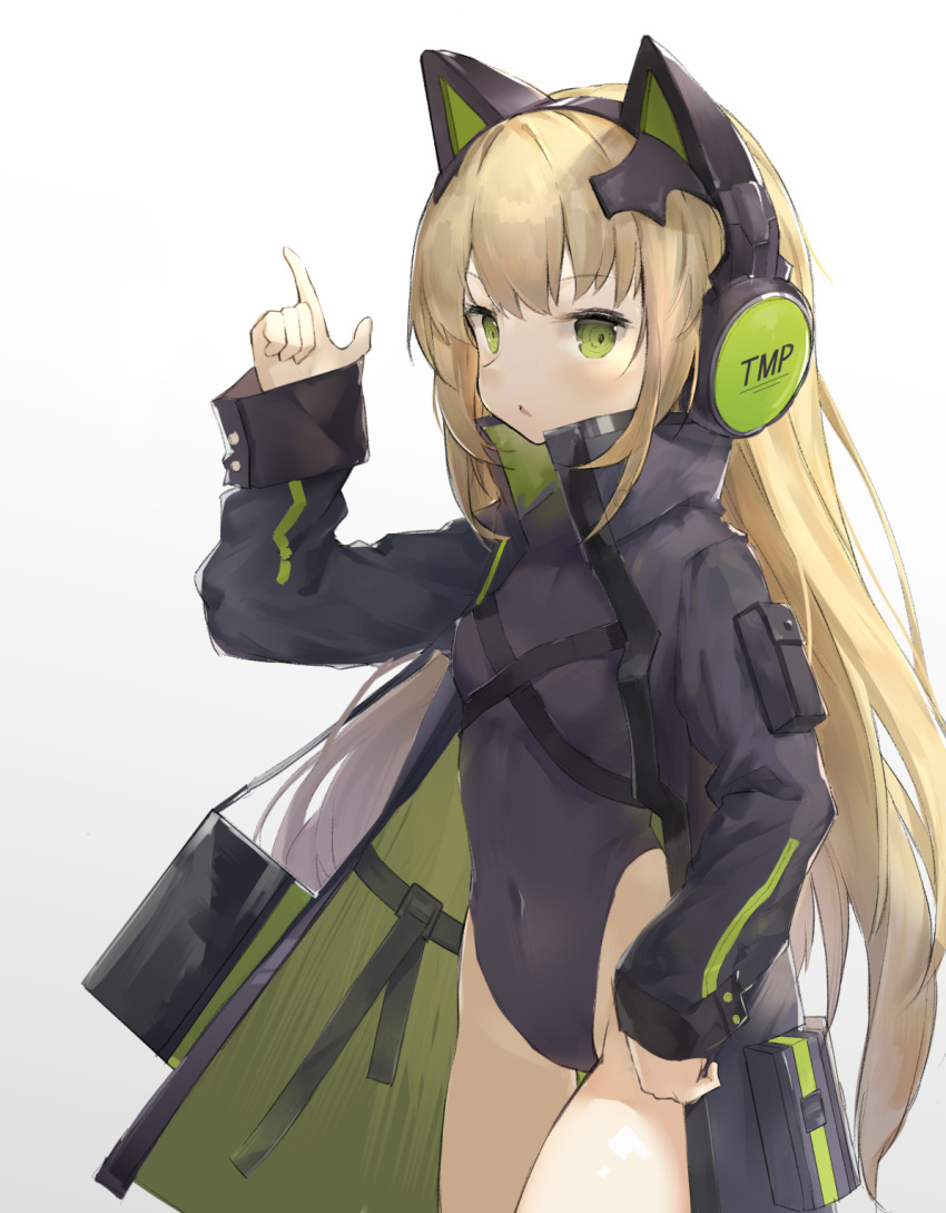 2t_(vmyz7342) animal_ear_headphones animal_ears blonde_hair cat_ear_headphones cat_ears commentary_request expressionless fake_animal_ears female flat_chest girls'_frontline green_eyes headphones highleg highleg_leotard highres jacket leotard long_hair long_sleeves navel pointing pointing_up pouch solo tmp_(girls'_frontline)