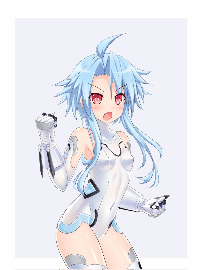 bare_shoulders blue_hair blush breasts commentary_request elbow_gloves female gloves hair_between_eyes highres kazuneko_(wktk1024) leotard light_blue_hair looking_at_viewer neptune_(series) power_symbol power_symbol-shaped_pupils red_eyes short_hair_with_long_locks small_breasts solo symbol-shaped_pupils thighhighs white_gloves white_heart_(neptunia) white_leotard