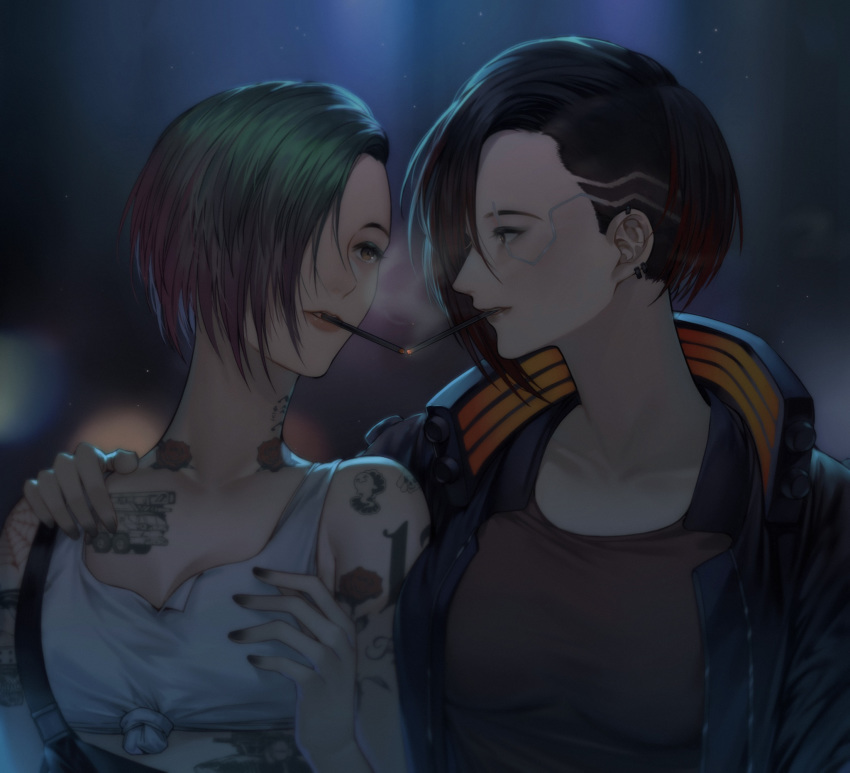 2girls arm_around_shoulder breasts cigarette cigarette_kiss cleavage crop_top cyberpunk_(series) cyberpunk_2077 cyborg highres jacket judy_alvarez looking_at_another multicolored_hair multiple_girls night samurai_jacket_(cyberpunk) shirt smoking tank_top tattoo tied_shirt two-tone_hair undercut v_(cyberpunk) yorukun yuri