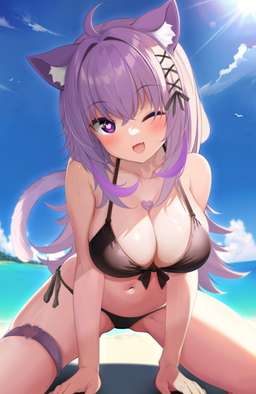 ;d ahoge animal_ear_fluff animal_ears bakko bare_shoulders bikini black_bikini black_ribbon blue_sky blush breasts cat_ears cat_girl cat_tail cleavage cloud collarbone crossed_bangs day female front-tie_bikini_top front-tie_top hair_between_eyes hair_ribbon halterneck heart heart-shaped_pupils highres hololive large_breasts long_hair looking_at_viewer navel nekomata_okayu oerba_yun_fang one_eye_closed open_mouth outdoors purple_eyes purple_hair ribbon side-tie_bikini_bottom skindentation sky smile solo string_bikini swimsuit symbol-shaped_pupils tail thigh_strap virtual_youtuber