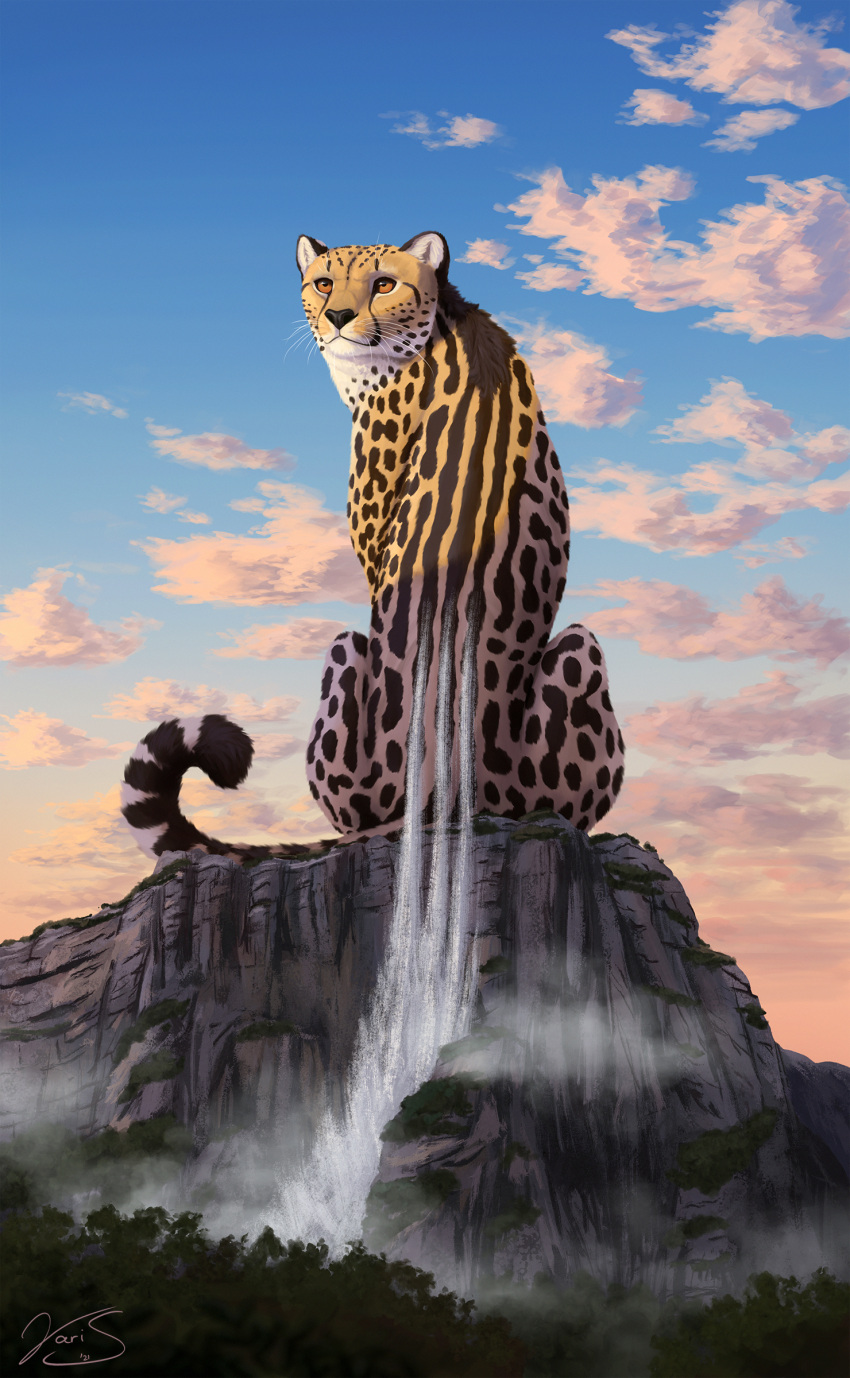 2021 absurd_res ambiguous_gender brown_eyes cheetah day detailed_background digital_media_(artwork) felid feline feral hi_res king_cheetah mammal outside sky solo varisart waterfall whiskers