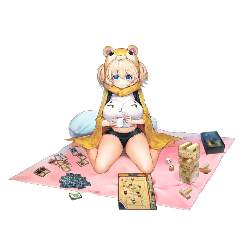 :3 animal_hood barefoot black_shorts blanket blonde_hair blue_eyes blush board_game breasts card cup dice ella_of_the_sky faux_figurine female full_body game_cg hair_between_eyes hamster_hood highres holding holding_cup hood hot_chocolate huge_breasts impossible_clothes impossible_shirt jam_(nandade) jenga large_breasts last_origin looking_at_viewer midriff mug navel official_alternate_costume official_art open_mouth oppai_loli pillow playing_games shirt short_shorts short_twintails shorts sima_(startwitch) sitting smile solo third-party_source transparent_background twintails wariza