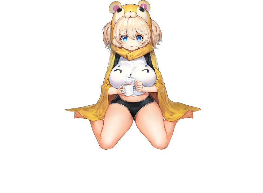 :3 animal_hood barefoot black_shorts blonde_hair blue_eyes blush breasts cup ella_of_the_sky female full_body game_cg hair_between_eyes hamster_hood highres holding holding_cup hood hot_chocolate huge_breasts impossible_clothes impossible_shirt jam_(nandade) large_breasts last_origin looking_at_viewer midriff mug navel official_alternate_costume official_art open_mouth oppai_loli partially_visible_vulva shirt short_shorts short_twintails shorts sima_(startwitch) sitting smile solo transparent_background twintails wariza