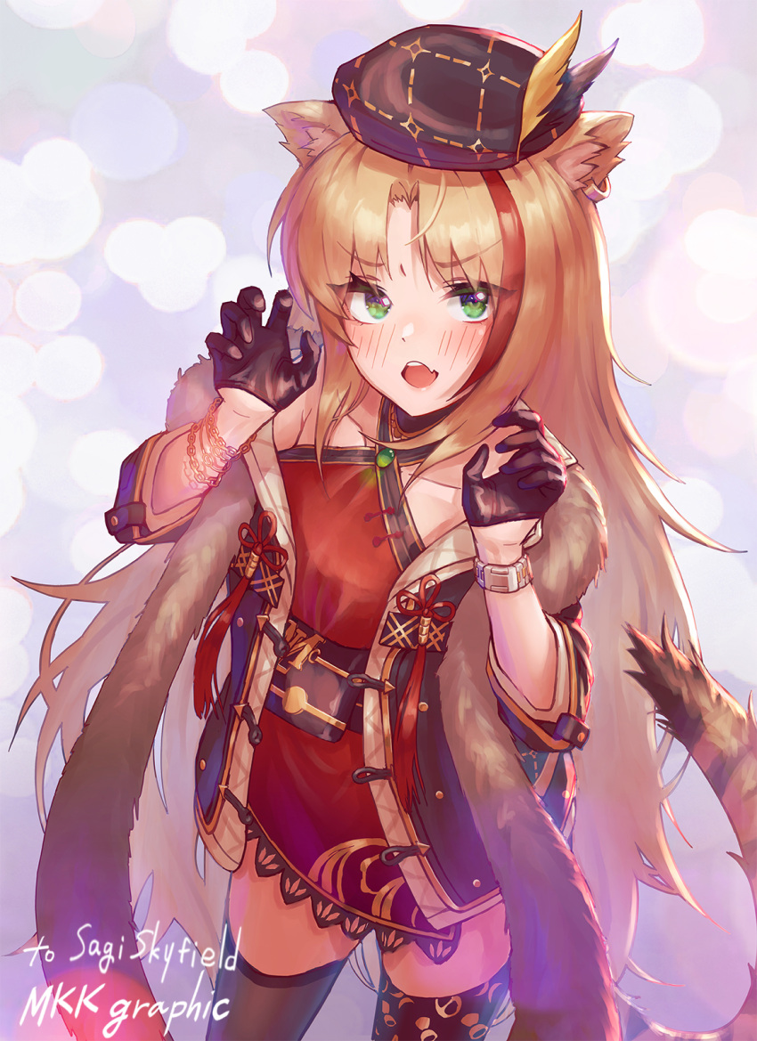 animal_ears arknights black_gloves black_thighhighs blush bracelet china_dress chinese_clothes claw_pose collarbone commentary_request cowboy_shot dress ear_piercing female gloves green_eyes hands_up highres jewelry looking_at_viewer meckeke_(mkk) multicolored_hair oerba_yun_fang official_alternate_costume open_mouth orange_hair piercing red_dress red_hair skin_fang sleeveless sleeveless_dress solo streaked_hair swire_(arknights) swire_(honor_and_splendor)_(arknights) tail teeth thighhighs tiger_ears tiger_girl tiger_tail watch wristwatch