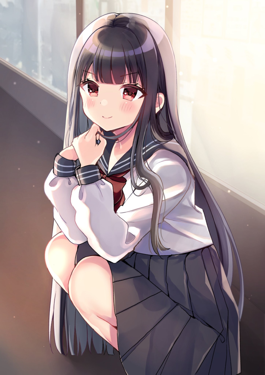 >:) bad_id bad_pixiv_id black_hair black_sailor_collar black_skirt blush closed_mouth commentary_request female highres indoors knees_up long_hair long_sleeves looking_at_viewer minami_saki original pleated_skirt red_eyes sailor_collar school_uniform serafuku shirt skirt smile solo squatting v-shaped_eyebrows very_long_hair white_shirt