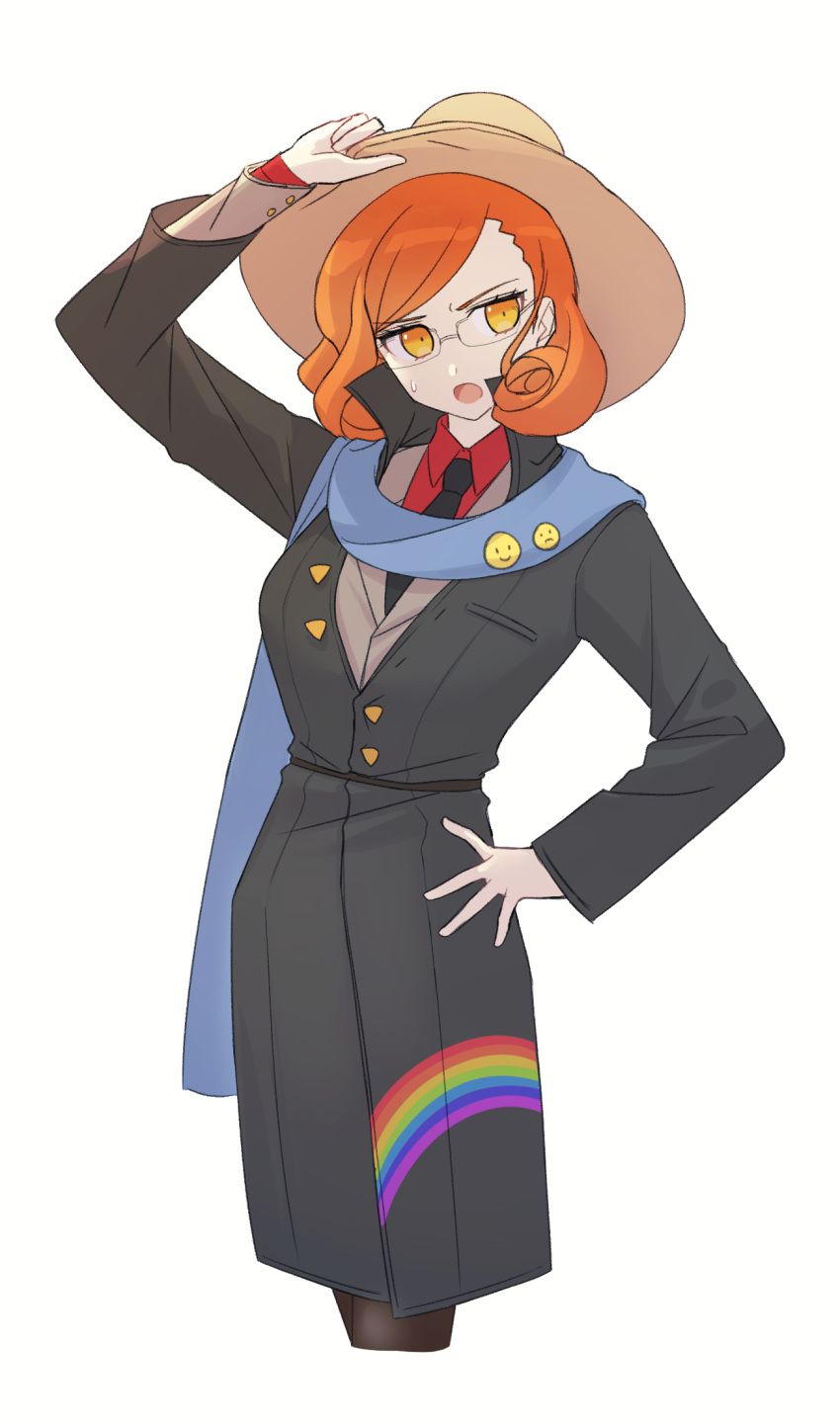 :o aged_up arm_up bad_id bad_pixiv_id black_coat black_legwear black_necktie breasts coat commentary_request cosplay cowboy_shot cropped_legs danganronpa_(series) danganronpa_another emoji female glasses hand_on_own_hip hat highres jacket korean_commentary long_sleeves looking_at_viewer mekaru_rei necktie open_mouth orange_eyes orange_hair otori_teruya otori_teruya_(cosplay) ppakunak rainbow_print red_shirt shirt short_hair simple_background skirt solo white_background yellow_eyes