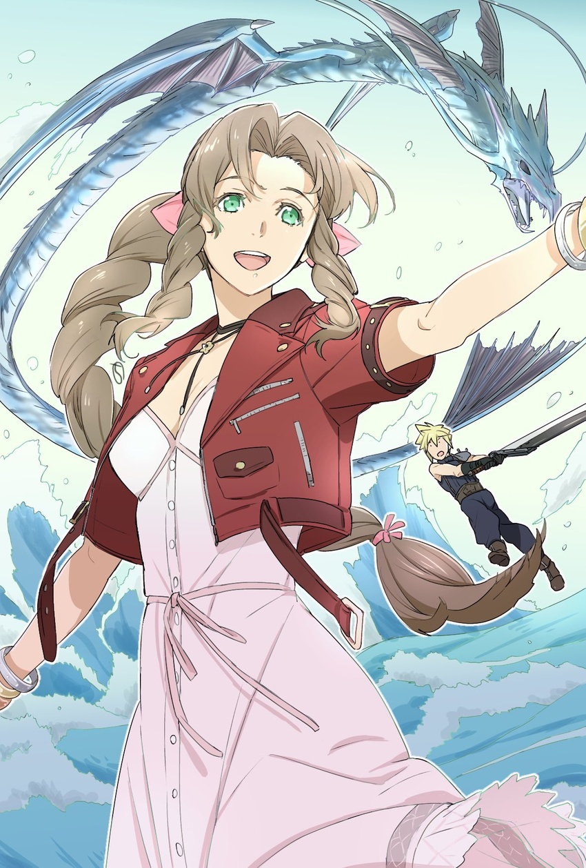 1boy aerith_gainsborough blonde_hair blue_pants braid breasts brown_hair cloud_strife cropped_jacket dress female final_fantasy final_fantasy_vii final_fantasy_vii_remake from_side green_eyes hair_ribbon highres jacket jewelry kobayashi_chizuru leviathan_(final_fantasy) long_hair pants pink_dress pink_ribbon ponytail ribbon single_braid smile spiked_hair sword turtleneck water waving weapon