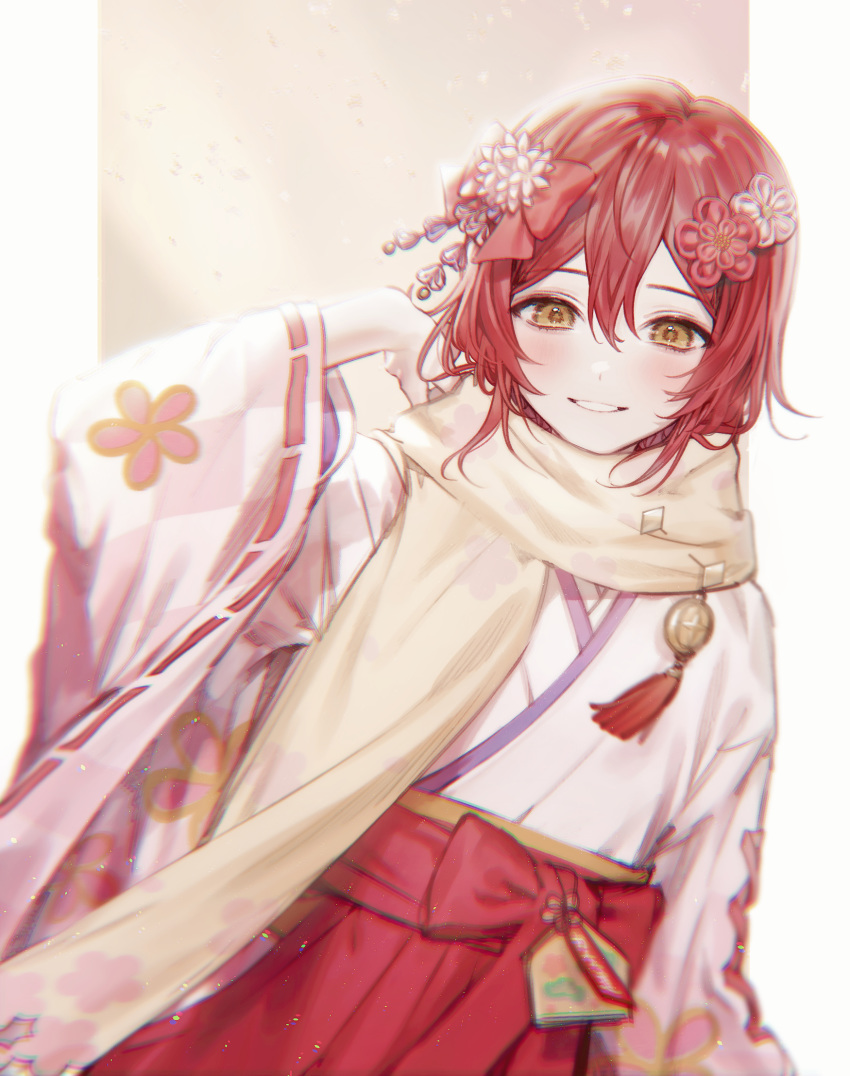 1boy azmpty blurry bow ema enpera film_grain floral_print flower hair_between_eyes hair_ornament hairbow hakama hanasaki_miyabi hanasaki_miyabi_(4th_costume) hand_up highres holostars japanese_clothes kanzashi kimono looking_at_viewer male_focus medium_hair official_alternate_costume otoko_no_ko outside_border parted_lips pink_kimono protected_link red_bow red_hair red_hakama ribbon-trimmed_sleeves ribbon_trim scarf smile solo tassel tsumami_kanzashi upper_body virtual_youtuber yellow_eyes yellow_scarf