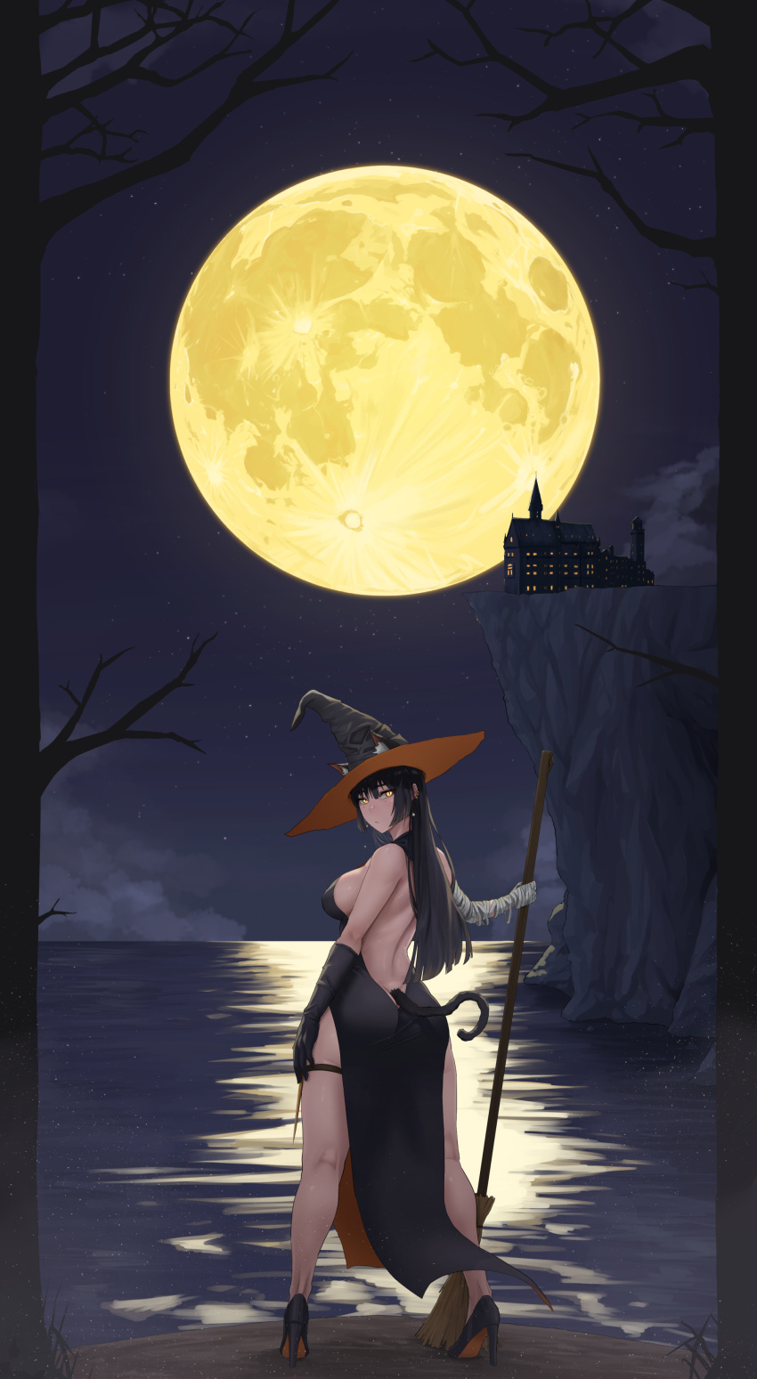 absurdres animal_ears ass backless_dress backless_outfit bandaged_arm bandages black_dress black_hair breasts broom cat_ears cat_girl cat_tail cliff curvy dress dryseaweed elbow_gloves female from_behind full_moon gloves hat high_heels highres holding holding_broom huge_moon large_breasts long_hair looking_at_viewer looking_back mansion moon moonlight ocean original pelvic_curtain reflection reflective_water side_slit single_elbow_glove slit_pupils solo tail thigh_strap witch witch_hat yellow_eyes yellow_moon