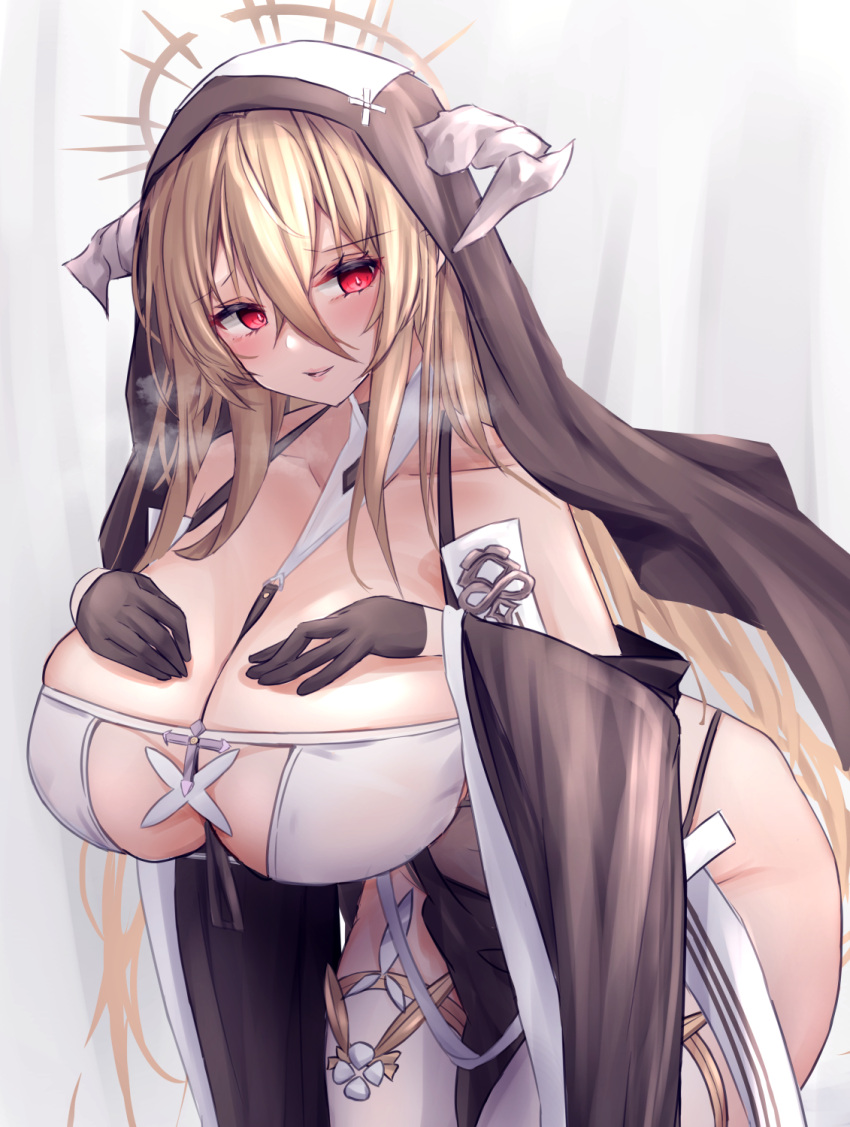 azur_lane bad_id bad_pixiv_id black_gloves blonde_hair breast_cutout breast_suppress breasts covered_navel detached_sleeves female gloves habit half_gloves halterneck heavy_breathing highleg highleg_panties highres horns huge_breasts implacable_(azur_lane) leaning_forward long_bangs long_hair nun panties solo thighhighs underwear very_long_hair white_thighhighs yuuki_shuri