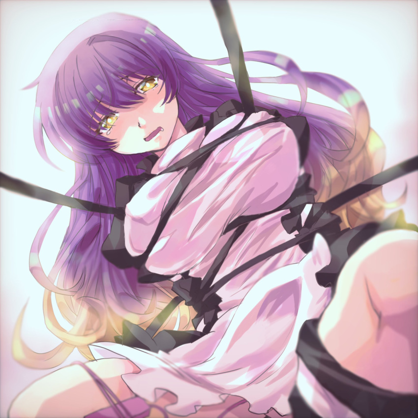 asai_ichiko breasts bright_pupils brown_eyes brown_hair commentary_request cross-laced_footwear female highres hijiri_byakuren juliet_sleeves large_breasts long_sleeves looking_at_viewer open_mouth puffy_sleeves purple_hair restrained solo tears touhou white_pupils