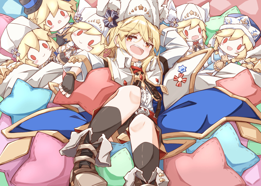 :d absurdres animal_ear_fluff animal_ears animal_hat arm_up bad_id bad_pixiv_id belt black_gloves black_skirt black_socks blonde_hair boots brown_footwear center_frills character_doll commentary_request fake_animal_ears female fingerless_gloves frills fur_hat girls'_frontline gloves hat highres long_sleeves looking_at_viewer matsuo_(matuonoie) nagant_revolver_(girls'_frontline) nagant_revolver_(mod3)_(girls'_frontline) open_mouth pleated_skirt red_belt red_eyes shirt skirt smile socks solo teeth upper_teeth_only white_hat white_shirt