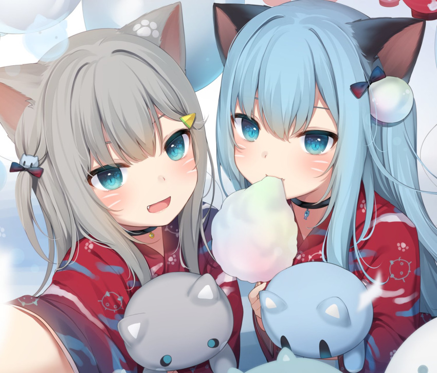 2girls :d amashiro_natsuki animal_ear_fluff animal_ears bad_id bad_twitter_id black_choker blue_eyes blue_hair blush cat_ears cat_hair_ornament choker collarbone commentary cotton_candy eating eyebrows_hidden_by_hair facial_mark food grey_hair hair_between_eyes hair_ornament hairclip highres holding holding_food hugging_object japanese_clothes kimono long_hair long_sleeves looking_at_viewer multiple_girls nachoneko nekoha_shizuku oerba_yun_fang one_side_up open_mouth original paw_print print_kimono reaching reaching_towards_viewer red_kimono romaji_commentary selfie smile stuffed_animal stuffed_cat stuffed_toy upper_body whisker_markings wide_sleeves