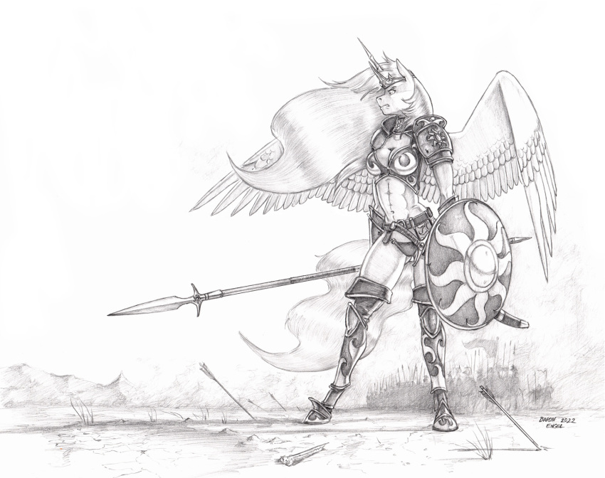 2022 alicorn anthro armor arrow_(weapon) baron_engel belt breastplate breasts clothing equid equine eyebrows feathered_wings feathers female friendship_is_magic graphite_(artwork) greyscale hair hasbro hi_res horn long_hair mammal melee_weapon midriff monochrome my_little_pony mythological_creature mythological_equine mythology navel panties pauldron pencil_(artwork) polearm princess_celestia_(mlp) ranged_weapon round_shield shield solo spear story story_in_description sword traditional_media_(artwork) unconvincing_armor underwear unguligrade_anthro warrior weapon wings