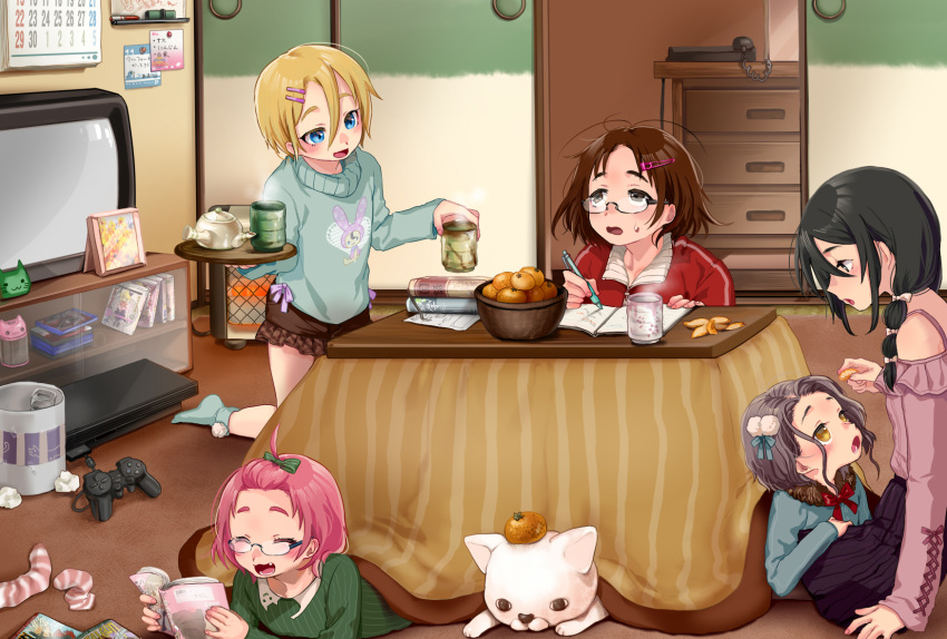 2boys 3girls :3 :d bad_id bad_pixiv_id bangs_pinned_back bare_shoulders black_eyes black_skirt blonde_hair blue_eyes blue_sweater bow brown_hair calendar_(object) canine character_request closed_eyes commentary_request crossdressing cup drawer feeding food fruit fur_collar game_console glasses green_sweater grey_hair hair_between_eyes hair_ornament hairbow hairclip heater highres indoors jacket jiishiki_kajou_(ukagaka) kneeling kotatsu lolicon long_hair long_sleeves looking_at_another low_twintails lying mandarin_orange miniskirt multiple_boys multiple_girls nikubou_maranoshin notebook oerba_yun_fang on_floor on_stomach open_mouth original otoko_no_ko pen phone pink_hair playstation_2 pom_pom_(clothes) pom_pom_hair_ornament reading red_jacket ribbed_sweater short_hair short_shorts shorts side_handle_teapot sitting skirt sliding_doors smile socks sweatdrop sweater table tea teapot television track_jacket tray twintails ukagaka under_kotatsu under_the_table used_tissue yellow_eyes yume_nikki_(ukagaka) yunomi