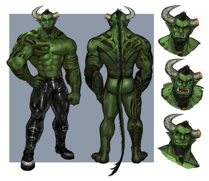 1boy abs arm_tattoo ass back_tattoo bara beard black_male_underwear black_pants broken_horn bulge chest_tattoo colored_skin commission dopey_(dopq) dragon_boy dragon_horns dragon_tail expressions facial_hair full_body glowing glowing_eyes green_skin highres horns jockstrap large_pectorals latex_pants looking_at_viewer male_focus male_underwear mature_male mohawk monster_boy moustache multiple_views muscular muscular_male nipples nose_piercing nose_ring orc original pants pectorals piercing pointy_ears shiny_clothes short_hair smile stomach tail tattoo taut_clothes taut_pants thick_eyebrows thick_thighs thighs topless_male tusks underwear underwear_only