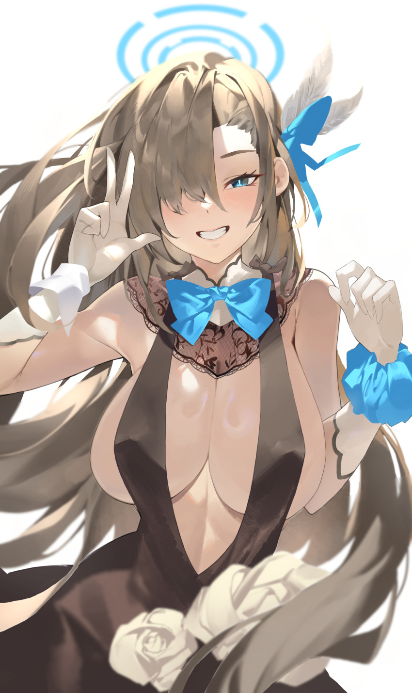 absurdres animal_ears asuna_(blue_archive) asymmetrical_bangs bare_shoulders blue_archive blue_eyes blush bow bowtie breasts cleavage commentary dress female flower grin hair_over_one_eye halo highres ktr_(tpun2553) large_breasts long_bangs long_hair looking_at_viewer no_bra one_eye_covered scrunchie slingshot_dress smile solo v very_long_hair wrist_cuffs wrist_scrunchie