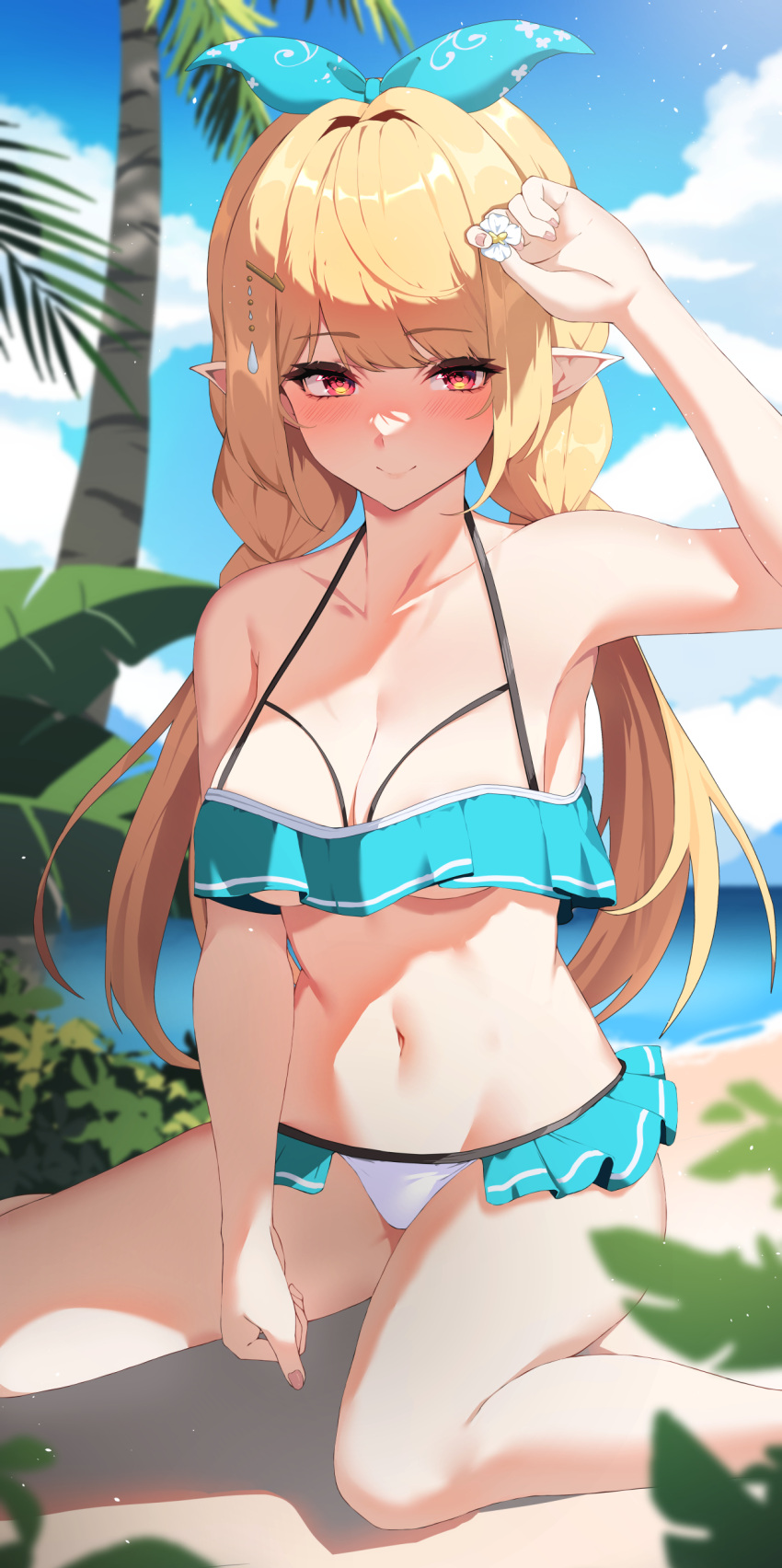 absurdres bare_shoulders beach blonde_hair blush braid breasts cleavage closed_mouth cloud cloudy_sky collarbone day female green_ribbons hair_ornament hair_ribbon highres lessone long_hair looking_at_viewer medium_breasts nijisanji nijisanji_en outdoors pointy_ears pomu_rainpuff red_eyes ribbon sky smile solo swimsuit thighs twin_braids virtual_youtuber wings