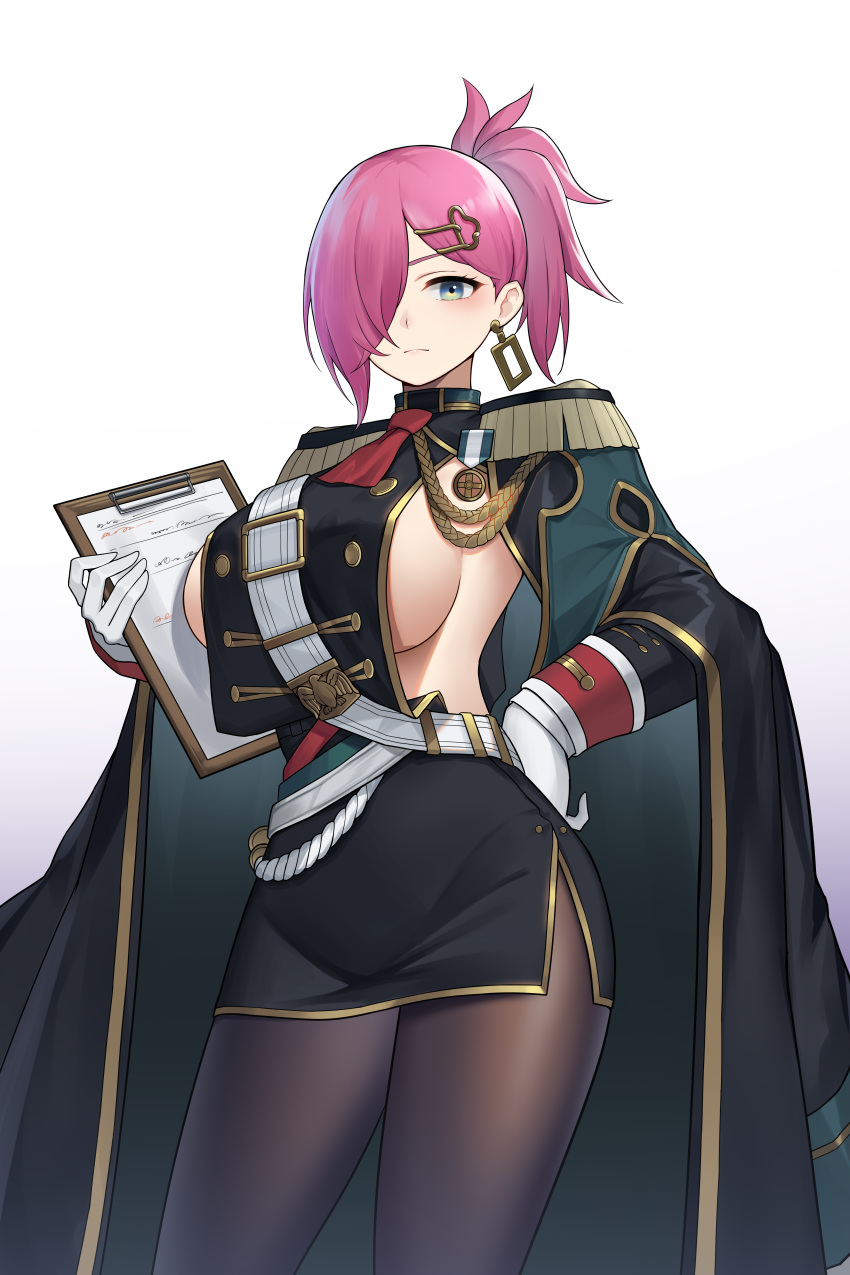 absurdres aiguillette azur_lane black_cape black_jacket black_pantyhose black_skirt breasts cape clipboard closed_mouth commentary cowboy_shot earrings epaulettes female gloves green_eyes hair_between_eyes hair_ornament hair_over_one_eye hairclip hand_on_own_hip hand_up highres holding holding_clipboard jacket jewelry large_breasts long_hair long_sleeves looking_at_viewer medal military military_uniform miniskirt neckerchief pantyhose pencil_skirt pink_hair ponytail red_neckerchief revealing_clothes shidiancijianongpao sideboob sidelocks simple_background skirt solo standing trieste_(azur_lane) uniform white_background white_gloves