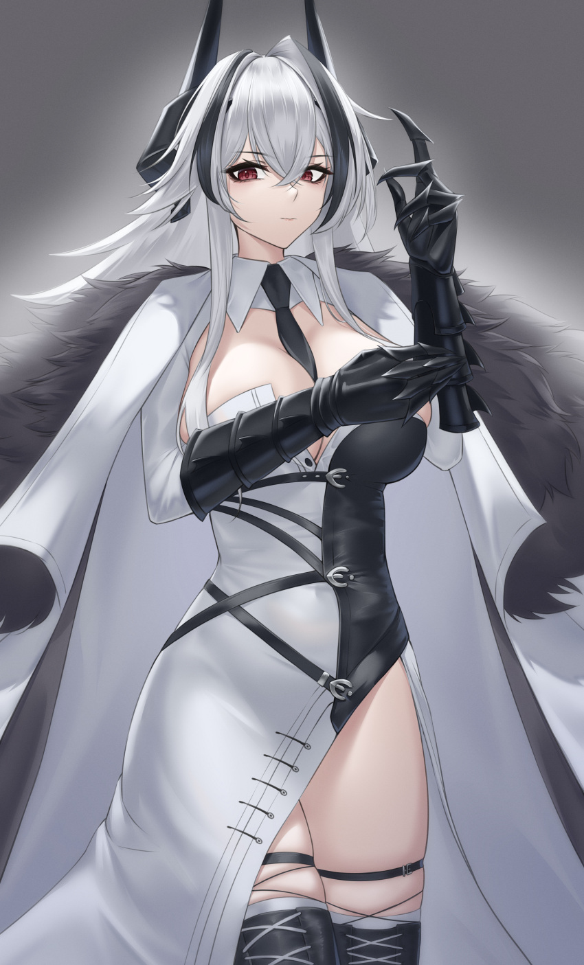 absurdres azur_lane black_hair black_necktie black_thighhighs breasts closed_mouth coat coat_on_shoulders female grey_background grey_hair hand_up highres ichikushi_mojibake kursk_(azur_lane) large_breasts long_hair looking_at_viewer multicolored_hair necktie red_eyes simple_background solo streaked_hair thighhighs thighs