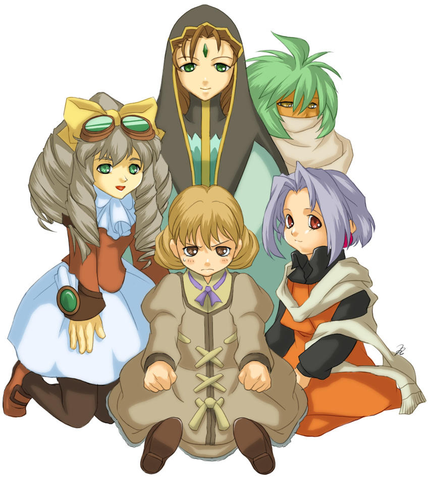 5girls :d blush bow brown_eyes brown_hair commentary_request dark-skinned_female dark_skin dress drill_hair emerada_(xenogears) facial_mark forehead_mark frown goggles goggles_on_head green_eyes green_hair grey_hair hairbow highres hood kneeling long_hair maria_balthasar midori_uzuki multiple_girls open_mouth pantyhose primera_black purple_hair queen_zephyr ryukia scarf short_hair smile sweatdrop xenogears yellow_bow yellow_eyes