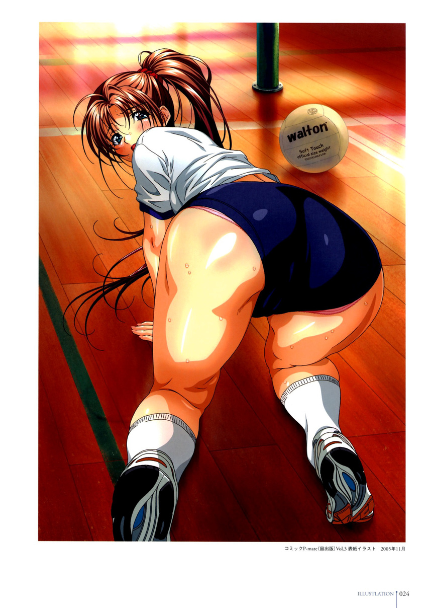 aqua_eyes ass ball blush brown_hair buruma female gym gym_uniform highres kneepits legs long_hair looking_back lovers_(game) panties panties_under_buruma panty_peek photoshop_(medium) ponytail socks solo sportswear sweat taki_minashika underwear volleyball volleyball_(object) volleyball_uniform