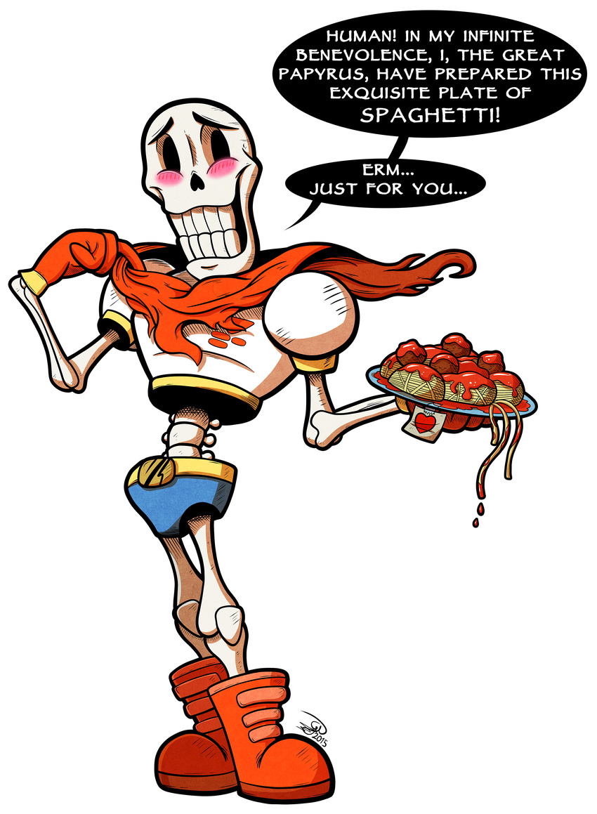 2016 absurd_res alpha_channel animated_skeleton blush bone boots cape clothing dialogue english_text food footwear gray-day heart_symbol hi_res humanoid male not_furry papyrus_(undertale) pasta skeleton solo spaghetti text undead undertale undertale_(series)