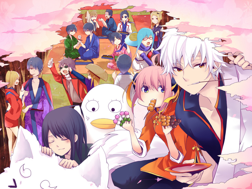 6+boys 6+girls bad_id bad_pixiv_id black_hair blonde_hair blue_eyes blue_hair character_request closed_eyes commentary_request cup dango eating elizabeth_(gintama) eyepatch food gintama glasses grin hijikata_toushirou kagura_(gintama) katsura_kotarou kijima_matako kondou_isao koyomino long_hair mouth_hold multiple_boys multiple_girls mutsu_(gintama) okita_sougo pink_hair red-framed_eyewear sadaharu sakamoto_tatsuma sakata_gintoki sakazuki sanshoku_dango sarutobi_ayame shimura_shinpachi shimura_tae short_hair skewer smile takasugi_shinsuke tsukuyo_(gintama) wagashi white_hair yagyuu_kyuubei yamazaki_sagaru