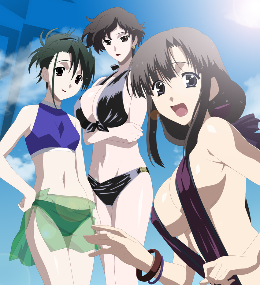 3girls bikini bikinis blue_eyes breasts brown_eyes brown_hair green_hair halterneck highres huge_breasts katsura_manami kiyoura_mai kyoura_mai mature milf multiple_girls red_eyes saionji_youko school_days sky sling_bikini smile stiky_finkaz summer_days swimsuit