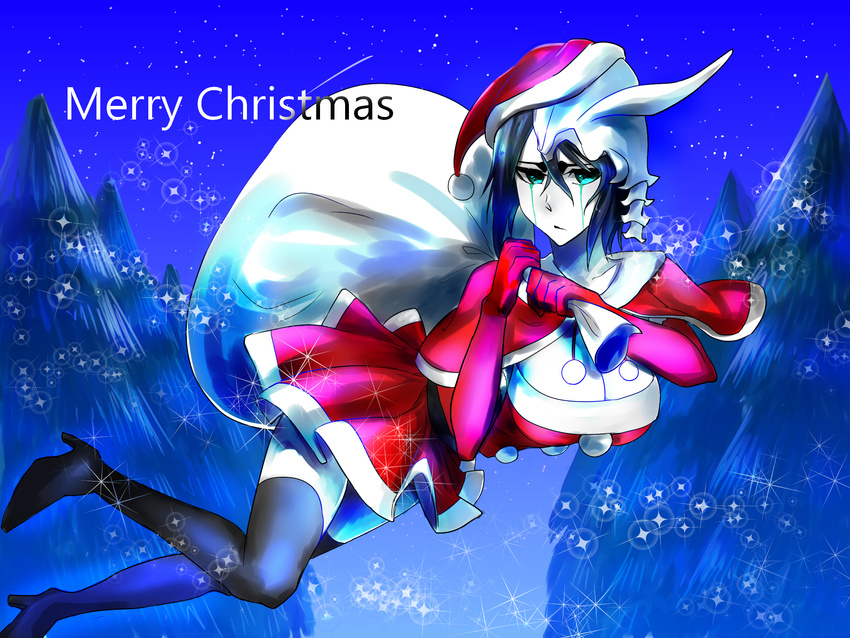 black_hair bleach breasts christmas cleavage elbow_gloves green_eyes high_heel_boots rule_63 santa_hat santa_suit skirt thigh_boots ulquiorra_cifer