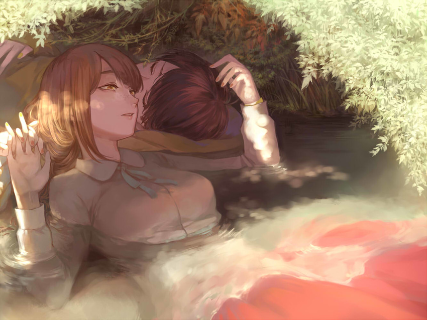 1boy afloat arm_pillow blue_ribbon braid breasts brown_eyes brown_hair closed_eyes collared_shirt commentary_request covered_mouth dappled_sunlight day dress_shirt eyelashes female fine_art_parody freckles holding_hands hood hoodie interlocked_fingers jyushimatsu's_girlfriend kaiko_suzume large_breasts long_hair long_sleeves matsuno_jyushimatsu nail_polish neck_ribbon ophelia_(painting) osomatsu-kun osomatsu-san osomatsu_(series) outdoors palms parody parted_lips plant red_nails red_skirt ribbon shade shirt single_braid skirt straight sunlight swept_bangs water white_shirt yellow_nails