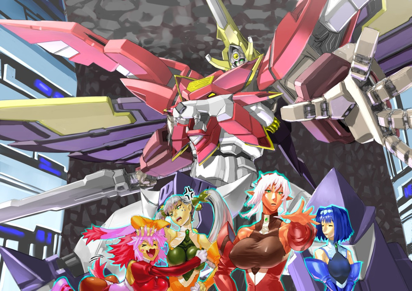 >_< 4girls animal_ears blue_hair blush_stickers breasts closed_eyes commentary_request detached_sleeves dominia_yizkor facial_mark g-elements grabbing grabbing_another's_breast green_eyes grey_hair huge_breasts kelvena_(xenogears) long_hair md5_mismatch mecha multicolored_hair multiple_girls oerba_yun_fang pink_hair pointy_ears rabbit_ears rabbit_tail robot seraphita_(xenogears) short_hair sword tail tolone_(xenogears) twintails two-tone_hair urara_(urara-nya) weapon white_hair xenogears