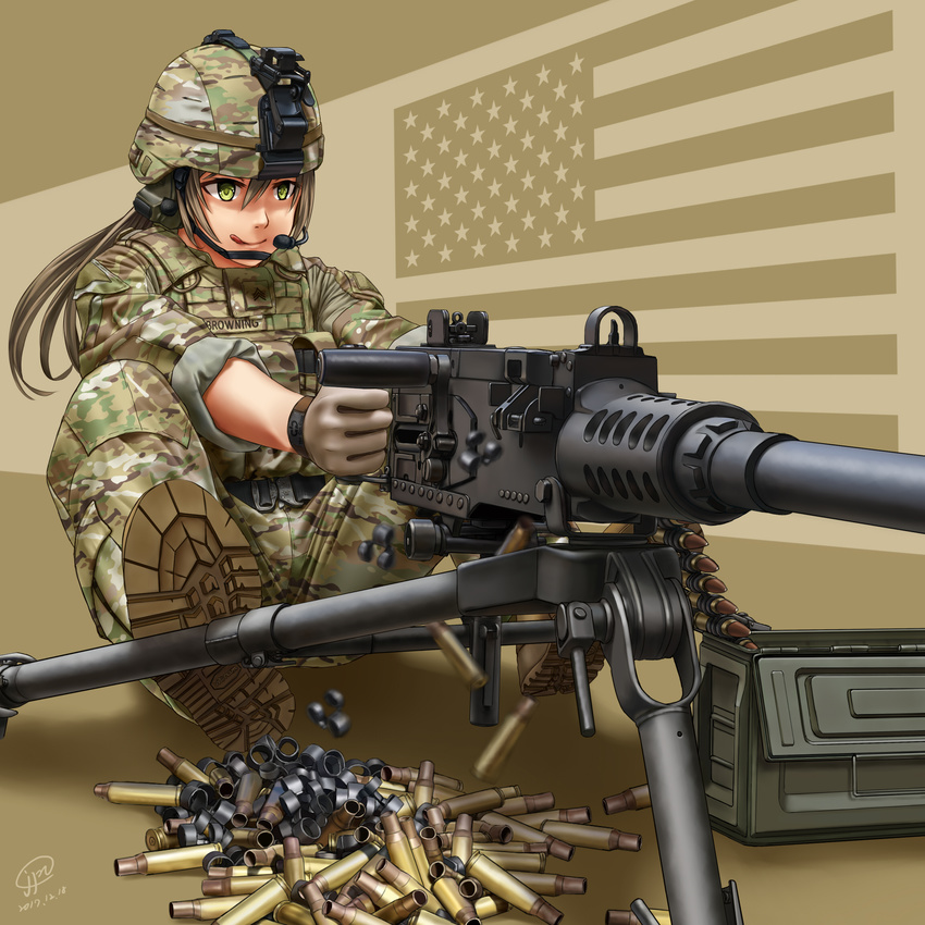 aiming american_flag ammunition ammunition_belt ammunition_box ammunition_pouch belt black_belt body_armor boots brown_background brown_footwear brown_hair brown_headwear brown_jacket brown_pants brown_theme browning_m2 bulletproof_vest camouflage camouflage_headwear camouflage_jacket camouflage_pants chevron_(symbol) chin_strap combat_boots combat_helmet commentary dated desert_camouflage disintegtating_links english_commentary fatigues female full_body gloves green_eyes grey_gloves gun headset heavy_machine_gun helmet highres insignia jacket jpc licking_lips light_brown_background load_bearing_vest long_hair looking_ahead machine_gun magazine_(weapon) microphone military military_rank_insignia military_uniform name_tag original pants pocket pouch rifle_cartridge shadow shell_casing shoe_soles signature sitting sleeves_past_elbows sleeves_rolled_up smile soldier solo star_(symbol) tongue tongue_out tripod two-tone_background uniform united_states utility_belt weapon woodland_camouflage