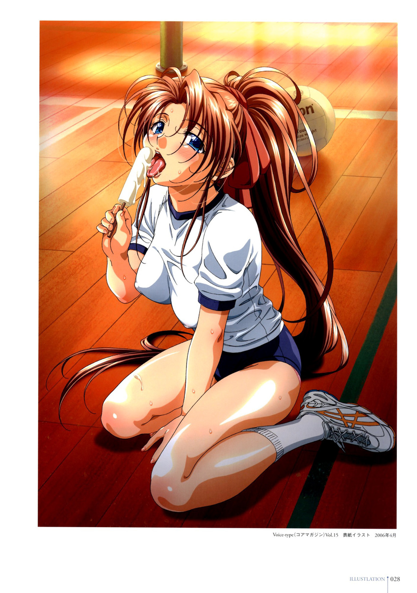 aqua_eyes ball blush brown_hair female food gym gym_uniform highres ice_cream legs long_hair looking_at_viewer lovers_(game) photoshop_(medium) ponytail popsicle socks solo sportswear sweat taki_minashika tongue volleyball volleyball_(object) volleyball_uniform