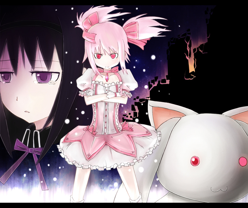 2girls akemi_homura akemi_homura_(magical_girl) black_hair bubble_skirt choker commentary_request crack crossed_arms frown gloves gunbuster_pose hairband kaname_madoka kaname_madoka_(magical_girl) kyuubee letterboxed lightning80 magical_girl mahou_shoujo_madoka_magica mahou_shoujo_madoka_magica_(anime) multiple_girls pink_eyes pink_hair puffy_sleeves purple_eyes short_hair short_twintails skirt tears twintails white_gloves