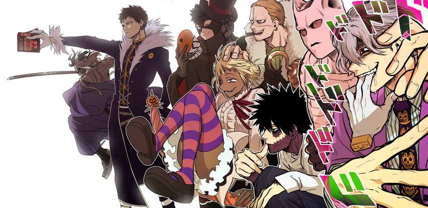 6+boys absurdres annotated bandages black_coat black_footwear black_gloves black_hair blonde_hair blue_eyes blue_pants boku_no_hero_academia book boots cat_skull chrollo_lucilfer cigar closed_mouth coat commentary_request cosplay crocodile_(one_piece) crocodile_(one_piece)_(cosplay) cross crossover d.gray-man dabi_(boku_no_hero_academia) dark_skin death_note denden_(dendenkiribaku) diamond_wa_kudakenai double_bun earrings fangs female frilled_shirt frilled_skirt frills fur_collar gloves grey_hair hair_bun hand_on_another's_head hat highres holding holding_book holding_clothes holding_hat hook_hand hunter_x_hunter jacket japanese_clothes jewelry jojo_no_kimyou_na_bouken katana killer_queen kira_yoshikage kira_yoshikage_(cosplay) l_(death_note) l_(death_note)_(cosplay) long_sleeves mask mr._compress multiple_boys naruto naruto_(series) neck_ribbon necktie nen_(hunter_x_hunter) one_eye_closed one_piece orange_eyes outstretched_arm overhaul_(boku_no_hero_academia) pants prosthesis prosthetic_arm pumpkin purple_coat purple_jacket red_eyes ribbon road_kamelot road_kamelot_(cosplay) rurouni_kenshin saliva scar severed_hand shigaraki_tomura shirt shishio_makoto shishio_makoto_(cosplay) shoes short_hair skirt smile stain_(boku_no_hero_academia) stand_(jojo) stitches striped_clothes striped_thighhighs sword thighhighs tobi_(naruto) toga_himiko top_hat twice_(boku_no_hero_academia) uchiha_obito umbrella unworn_hat unworn_headwear unworn_mask weapon white_background white_gloves white_shirt yellow_eyes