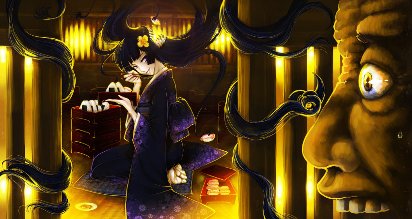 1boy antaria black_hair chinese_commentary commentary_request female food futakuchi-onna japanese_clothes kimono long_hair onigiri original photoshop_(medium) prehensile_hair purple_eyes seiza sharp_teeth sitting teeth traditional_youkai very_long_hair