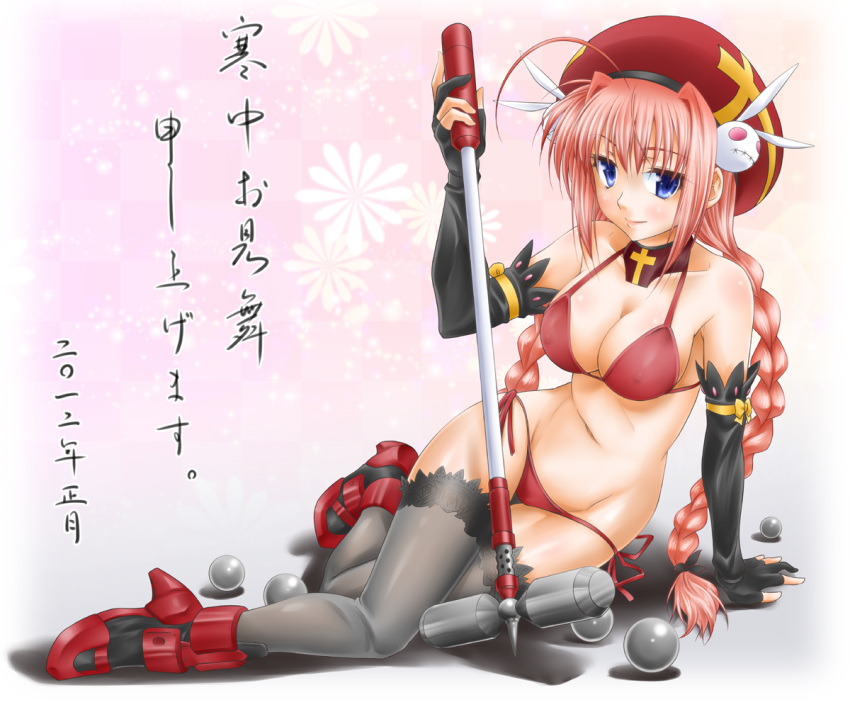 2012 aged_up bikini blue_eyes braid breasts commentary_request covered_nipples female fingerless_gloves gloves graf_eisen hat kanchuumimai long_hair lyrical_nanoha mahou_shoujo_lyrical_nanoha_strikers mallet medium_breasts photoshop_(medium) red_bikini red_hair shinozuki_takumi smile solo swimsuit thighhighs translated twintails vita_(nanoha)