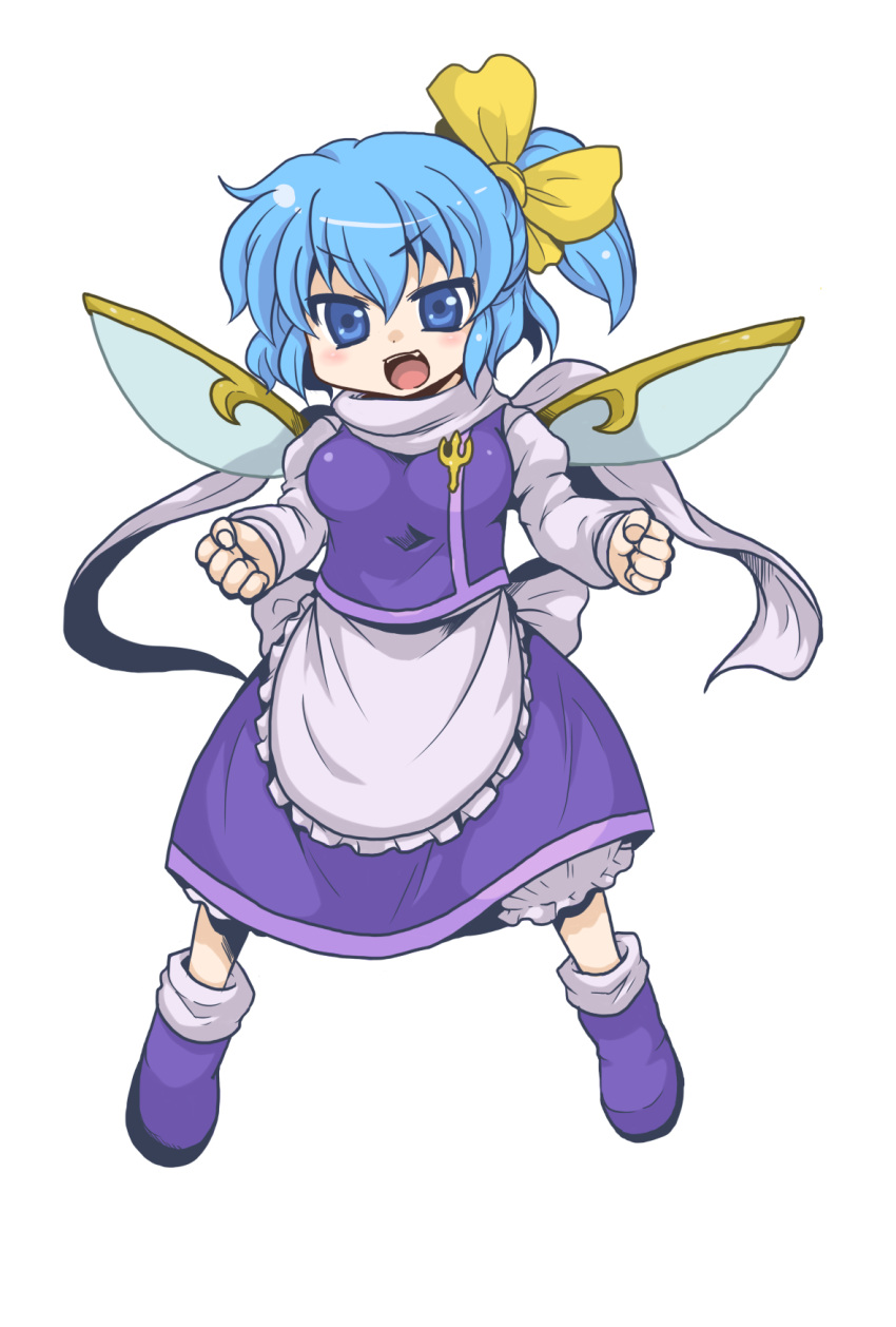 blue_eyes blue_hair breasts cape cirno commentary_request daiyousei fairy_wings fangs female full_body fusion highres letty_whiterock ribbon side_ponytail small_breasts solo toto_(hitori_othello) touhou transparent_background wings